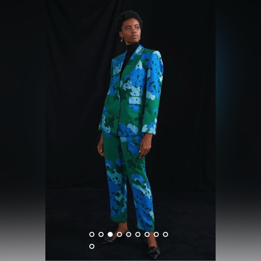Pinnacle Shruti Sancheti Anthro Emerald & Blue Floral Blazer & Pants Set Sz 6